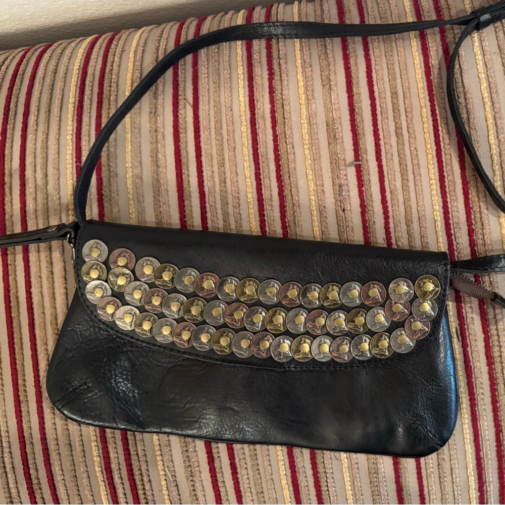 Patricia Nash Black Coin Rivoli Leather Clutch with strap